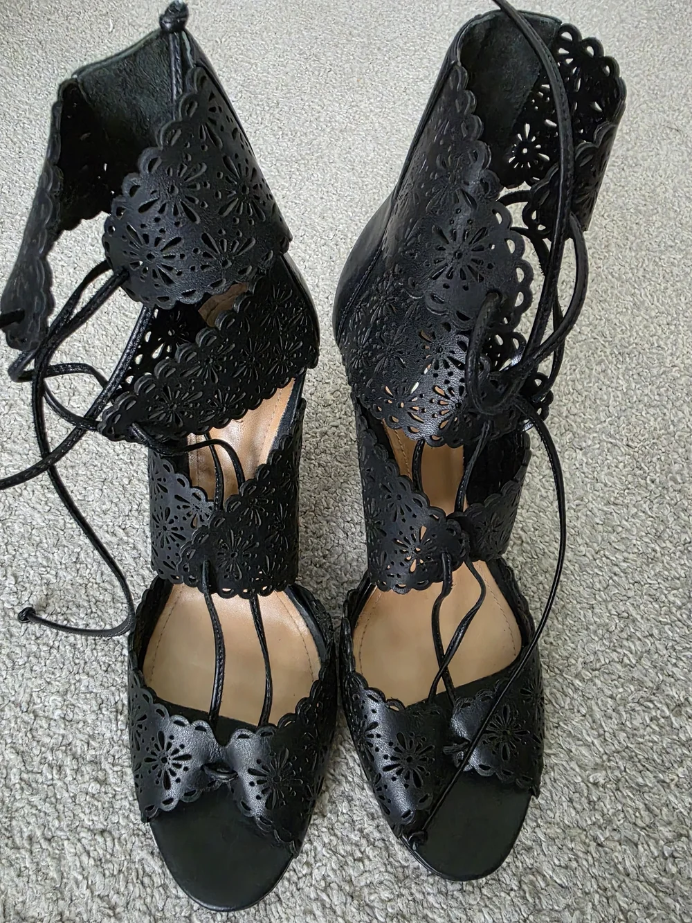 SCHUTZ Black Laser-Cut Lace-Up High Heels